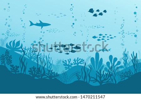 Ocean Underwater Background with Fishes, Sea plants and Reefs. Vector