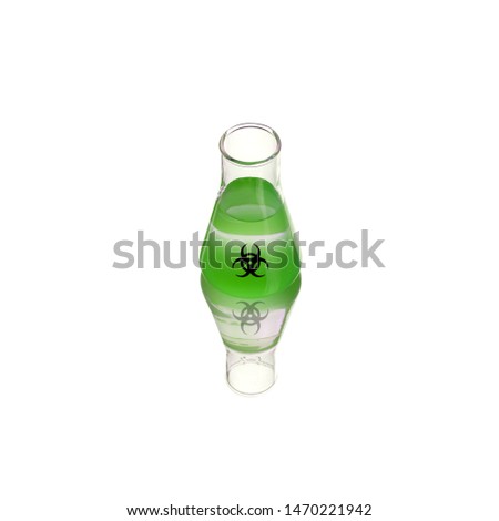 Flask biohazard green poison on a green background. Poison, danger symbol. Chemical experiment. Medical illustration. Biohazard icon. Scientific research, medical technology.