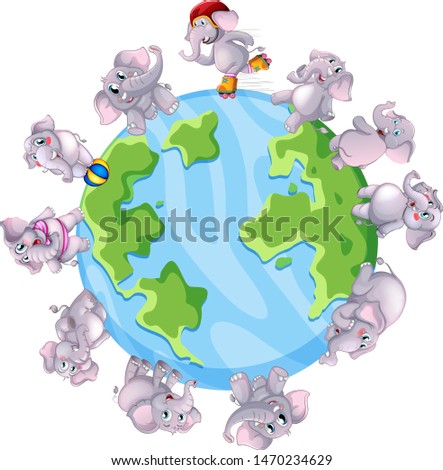 Gray elephants round the world illustration