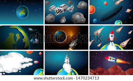 Set of different space scenes illustration
