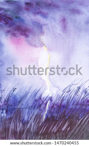 Night landscape with bright lightning in a clear field during a thunderstorm.Watercolor illustration