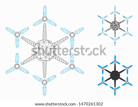 Mesh hexacopter model with triangle mosaic icon. Wire carcass polygonal mesh of hexacopter. Vector mosaic of triangle elements in variable sizes, and color tints. Abstract 2d mesh hexacopter,