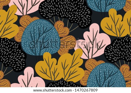 Autumn seamless pattern with oaks, maples, birches on a dark background. Hand drawn forest. Colorful floral print. Vector illustration.
