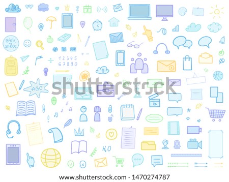 Back to school. Set of multicolored school supplies on isolated white background. Big collection of different signs. Hand drawn infographic elements. Education illustration