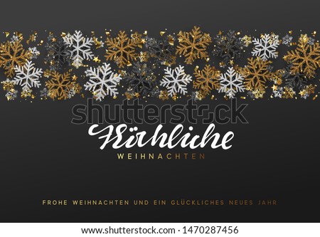 German text Frohe Weihnachten. Merry Christmas and Happy New Year. Xmas background with Shining gold Snowflakes. Greeting card, holiday banner, web poster