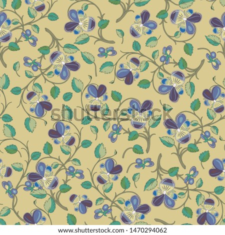 Seamless floral pattern with branches of pansy flowers. Viola tricolor. Folk style.