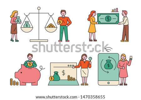 Finance icons and people characters around. flat design style minimal vector illustration.