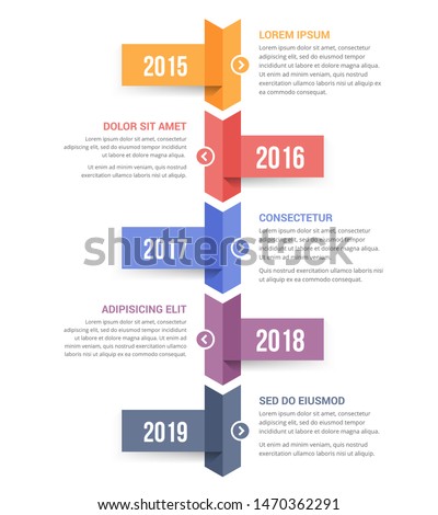 Vertical timeline infographics template with five arrows, vector eps10 illustration Royalty-Free Stock Photo #1470362291
