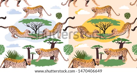 Fashion trend of the season. Seamless pattern of wild cats. Set for printing on fabric.
