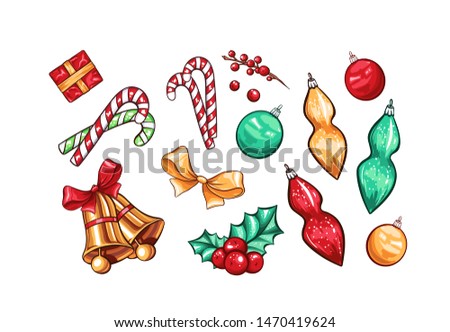 Holiday Xmas party toys vector decoration objects set. Cartoon red color gift box, round bells. Holli Ilex berries and leaves, candy canes. Christmas greeting card, poster design. New Year symbols