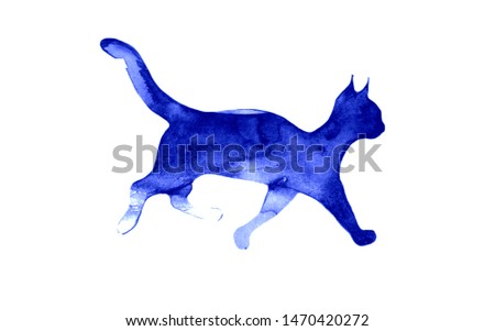 Blue cat. Watercolor hand drawn pet portrait animal Illustration isolated on white background. For holiday, postcard, poster, carnival, banner, birthday and children's illustration. Сat day