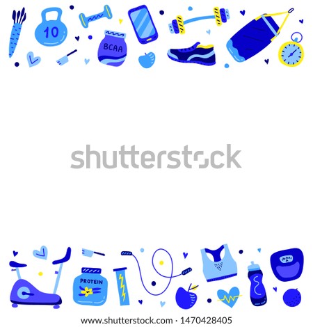 Poster with colored gym and fitness icons on white background.