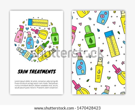 Card templates with doodle colored skin care serum, ampoule, essence bottles. Used clipping mask.