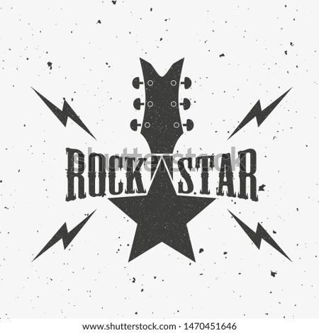 Guitar star and text with lightnings. Black and white illustration on the theme of rock music