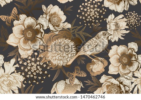 Seamless background with garden flowers peonies, bird and butterflies. Luxury pattern for creating textiles, wallpaper, paper. Vintage. Vector romantic floral Illustration. Antique engraving style. Royalty-Free Stock Photo #1470462746