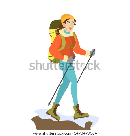 Woman mountain climber in special winter clothes with backpack hiking. Extreme sport, alpinist walking. Isolated vector illustration in cartoon style