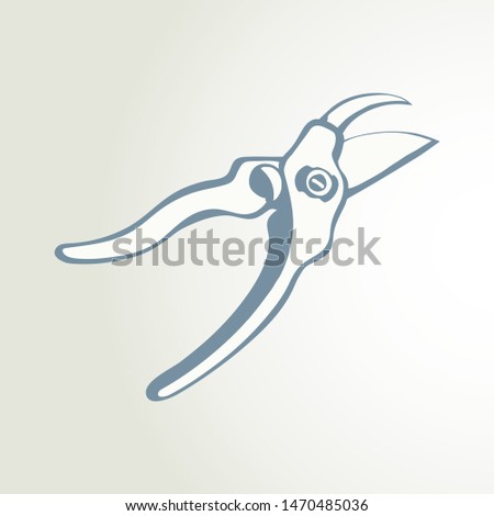 Old steel lop mower plier on white space for text. Outline black ink drawn sharp tree twig grow snip object logo pictogram in clip art vintage doodle cartoon engrave style pen on paper. Closeup view