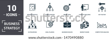 Business Strategy icon set. Contain filled flat business solves, brand strategy, competitive strategy, goal planing, competitor analysis, consolidation icons. Editable format.