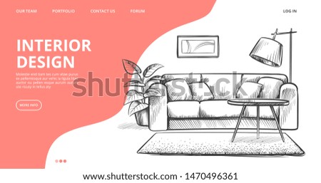 Interior design landing page. Vector sketch of living room. Hand drawn furniture. Illustration of furniture interior room, sketch living apartment Royalty-Free Stock Photo #1470496361