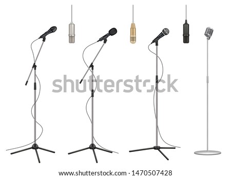 Mic stand. Realistic music microphones sound studio professional equipment vector pictures collection. Mic audio for studio, stand microphone to concert illustration
