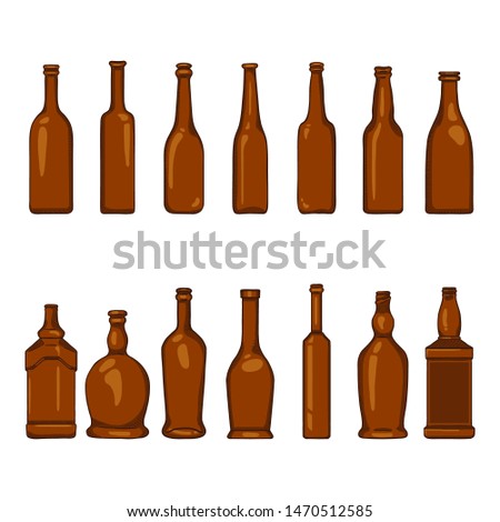 Vector Set of Cartoon Empty Brown Glass Bottles Illustrations