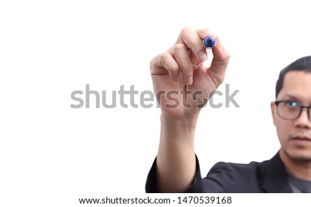 The skin head man who wearing the eyeglasses is holding the marking pen in the right hand and draw into visible white board isolated on white background, guiding, teaching, consuiting concept.