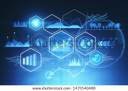 Immersive digital HUD interface with business infographics and data representation with planet hologram over blue background. Concept of statistics and data. 3d rendering toned image Royalty-Free Stock Photo #1470540488