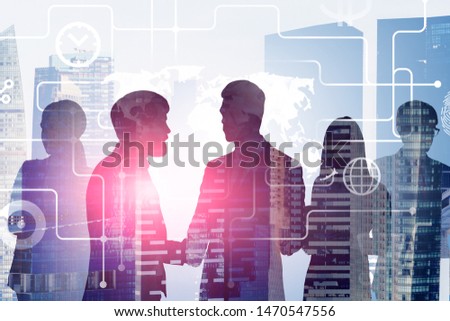 Silhouettes of business people communicating in city with double exposure of online payment interface. Concept of ecommerce and business lifestyle. Toned image