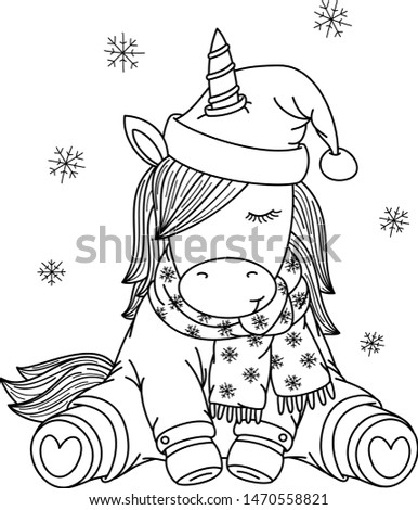Vector  unicorn cartoon in Christmas hat, black silhouette for coloring.  
