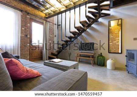 Modern Living Room With Staircase And Fireplace Images And Stock