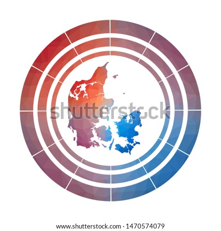 Denmark badge. Bright gradient logo of country in low poly style. Multicolored Denmark rounded sign with map in geometric style for your infographics.