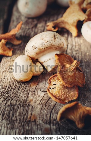 White Mushrooms and Dried Chanterelle, toned Royalty-Free Stock Photo #147057641