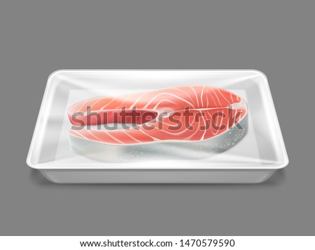 Raw fish in plastic package, fresh salmon steak in food container isolated on grey background. Trout fillet for cooking, seafood product, design element for menu or ad Realistic 3d vector illustration
