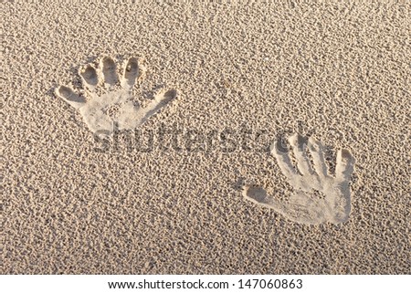 Hand prints in wet sand.
