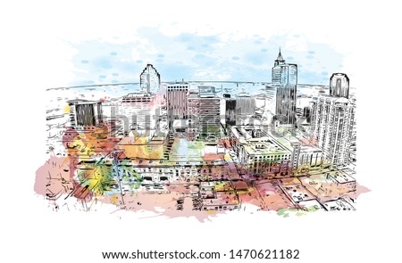 Building view with landmark of Raleigh is the capital city of North Carolina. Watercolor splash with Hand drawn sketch illustration in vector.