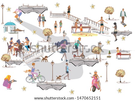 Set of people having rest in the park.  Leisure outdoor activities:  skateboard, roller-skates, riding a scooter and bicycle. Colorful vector illustration.