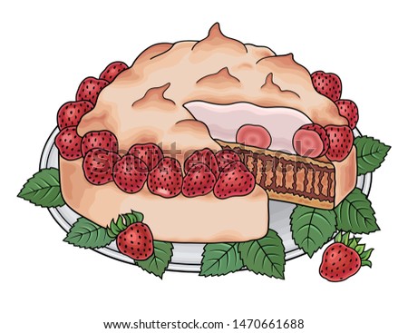 Cake with strawberries hand drawn vector doodles illustration. Funny elements and objects. Cartoon background. 