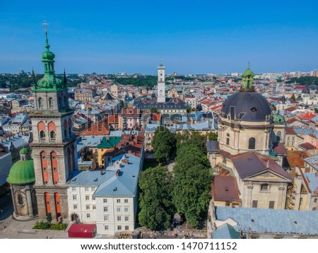 Aero photography. Romantic Lviv, from the height of the bird's eye. Lviv is the cultural capital of Ukraine and is a favorite destination for tourists.