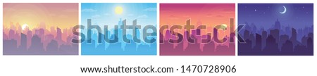 Cityscape at different times. Daytime vector cityscape in flat style. Morning, noon, sunset and night stars at city cityscape. Royalty-Free Stock Photo #1470728906