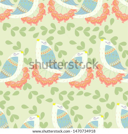 Lovingbird seamless pattern. Blue cartoons birds, red fruits, green leaves on yellow stock vector illustration for web, for print