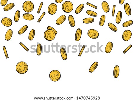 Seamless background with falling gold coins. Sketch of golden money flowing top down, big pile of cash, treasure concept.Hand drawn vector illustration isolated on white background.