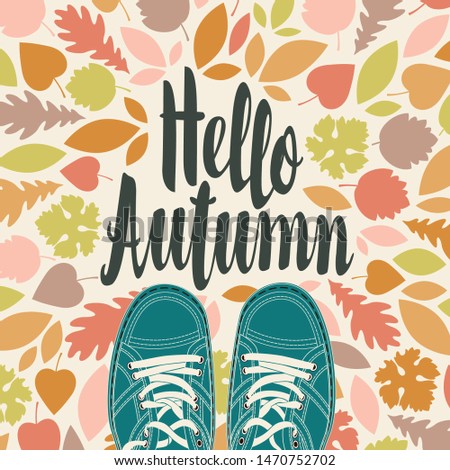 Autumn banner with the inscription Hello autumn and green shoes on the background of colorful autumn leaves. Vector illustration in retro style