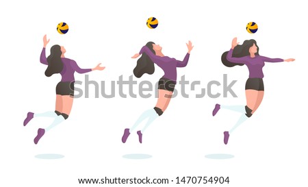 Caucasian volley ball woman player in various pose serve, jumping, and smash the ball in flat illustration vector. for design template poster, pamphlet, landing page or any education purpose.
