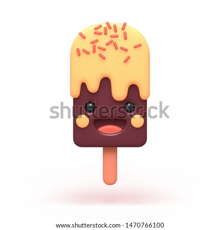 3d digital illustration of cute kawaii character fruit ice cream with a smiling face isolated on white background. Colorful tasty funny cartoon banana, orange and chocolate ice cream with sprinkling