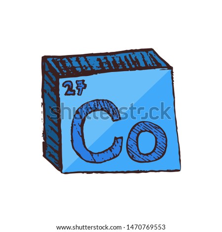 Vector three-dimensional hand drawn chemical blue symbol of metal cobalt with an abbreviation Co from the periodic table of the elements isolated on a white background.