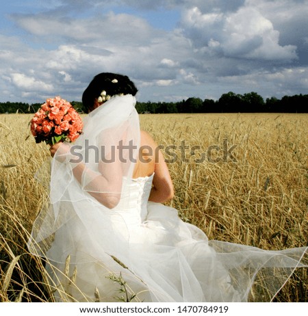 The bride in a white dress goes to the cereal field. The bride holds the bridal bouquet in one hand. View from the back