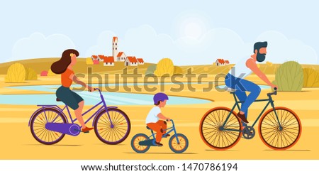 Family summer outdoor adventure vacation. Mother, father and little son are riding on bicycles in the countryside. Vector illustration
