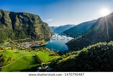 Aurlandsfjord Town Of Flam at dawn. Beautiful Nature Norway natural landscape. Royalty-Free Stock Photo #1470790487