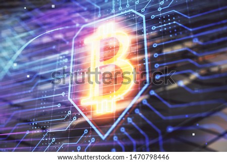 Bitcoin sign hologram with abstract background. Multi exposure. Blockchain concept.