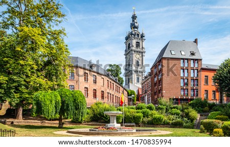Mons, Wallonia, Belgium. Panoramic landscape view with belfry tower in city centre. Royalty-Free Stock Photo #1470835994